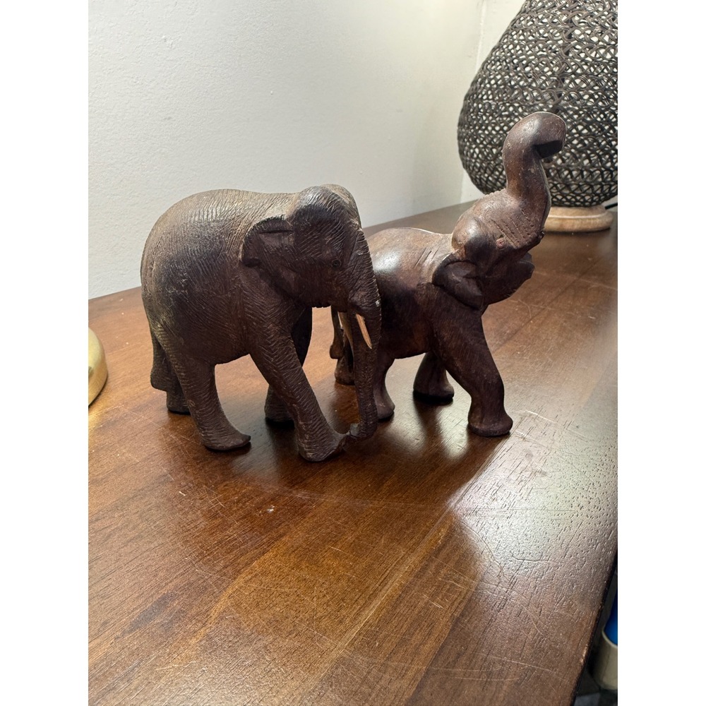 Vintage Hand Carved Wooden Elephant Figurines Set of 2 Safari Decor Statues